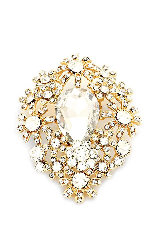 06411 Gold Clear crystal flower cluster brooch / pendant