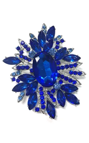 0695 Blue Crystal Flower Leaf Cluster Brooch / Pendant