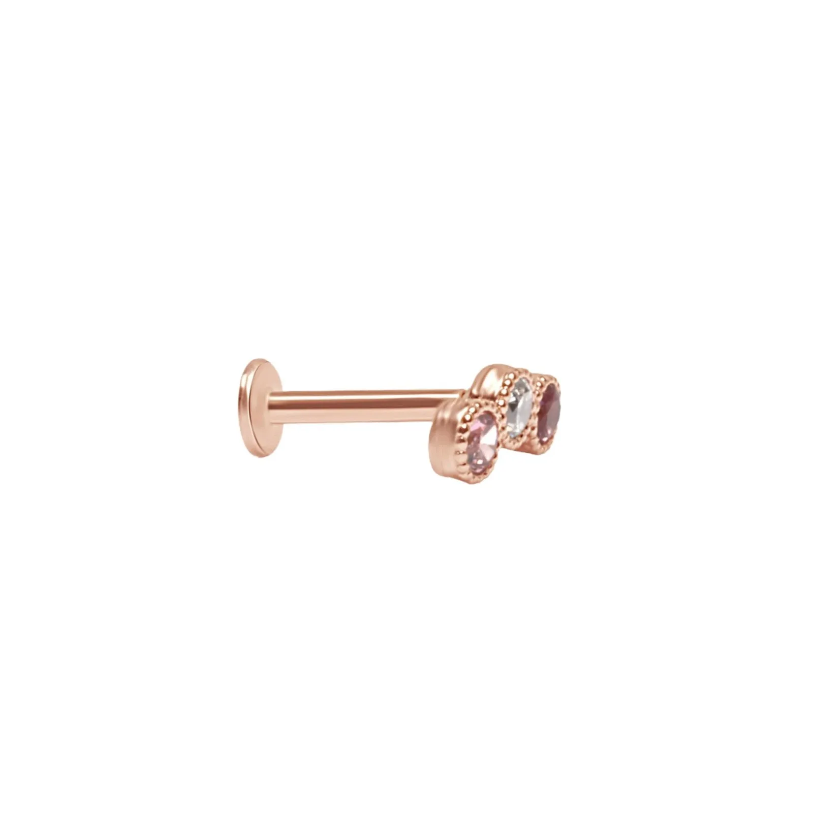 14k Gold Triple Color Cz Cartilage Helix Internally Threaded Curved Bar Flat Back Labret Stud