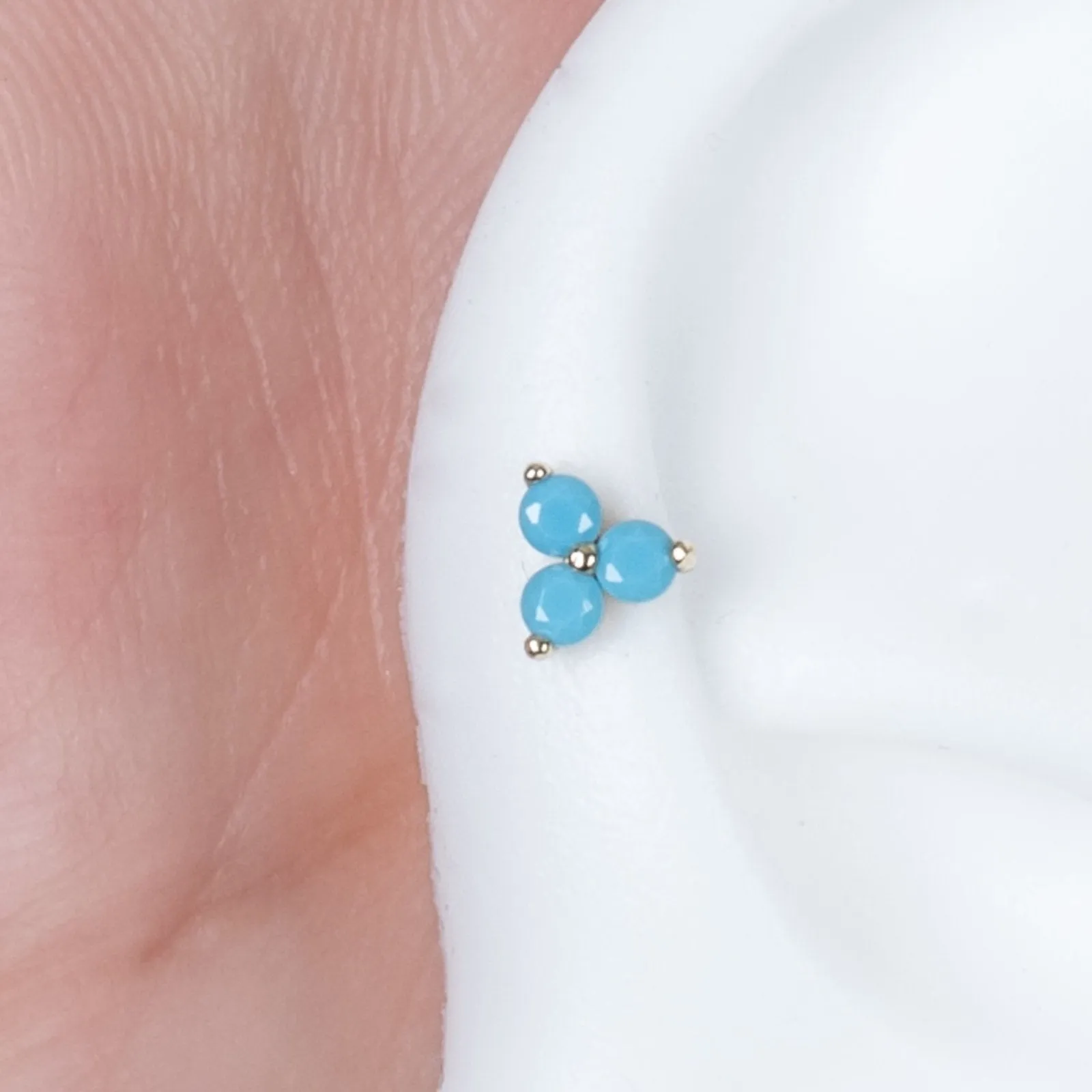 14K Gold Turquoise Trinity Helix Cartilage Internally Threaded Flat Back Earring Labret Stud