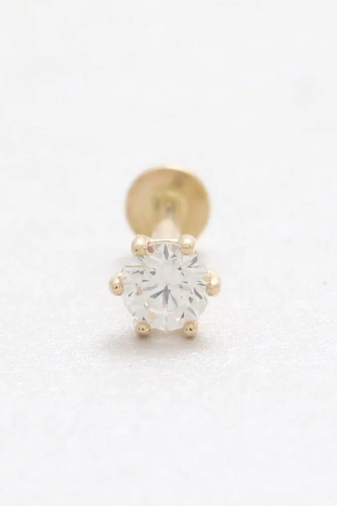 14K Real Gold 0.1ct CZ, Moissanite, Lab or Genuine Diamond Helix Cartilage Tragus Inner Conch Internally Threaded Flat Back Earr