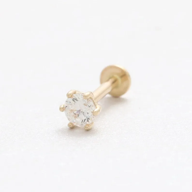 14K Real Gold 0.1ct CZ, Moissanite, Lab or Genuine Diamond Helix Cartilage Tragus Inner Conch Internally Threaded Flat Back Earr