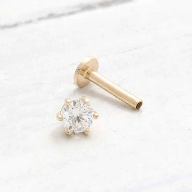 14K Real Gold 0.1ct CZ, Moissanite, Lab or Genuine Diamond Helix Cartilage Tragus Inner Conch Internally Threaded Flat Back Earr