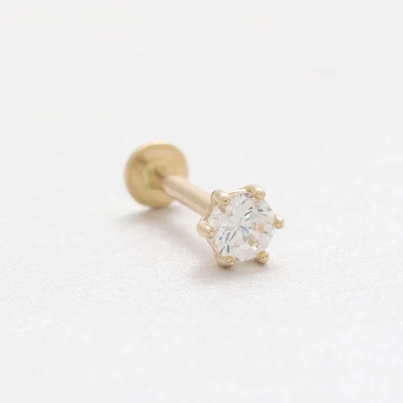 14K Real Gold 0.1ct CZ, Moissanite, Lab or Genuine Diamond Helix Cartilage Tragus Inner Conch Internally Threaded Flat Back Earr