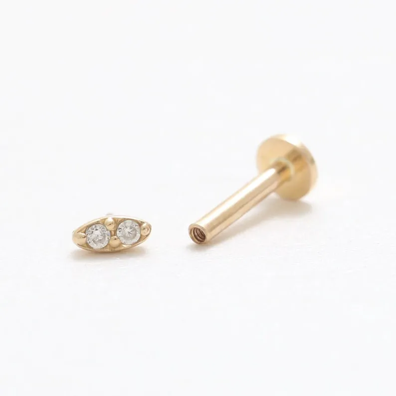 14K Real Gold 1.0mm CZ, Moissanite or Diamond Small Oval Helix Cartilage Tragus Inner Conch Internally Threaded Flat Back Earrin