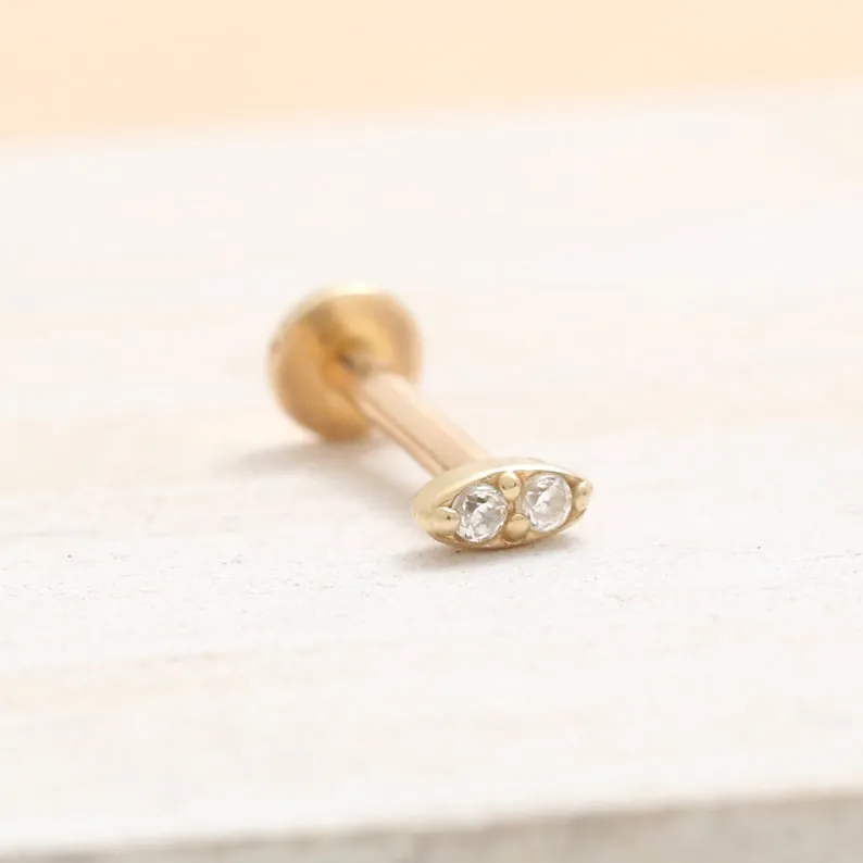 14K Real Gold 1.0mm CZ, Moissanite or Diamond Small Oval Helix Cartilage Tragus Inner Conch Internally Threaded Flat Back Earrin