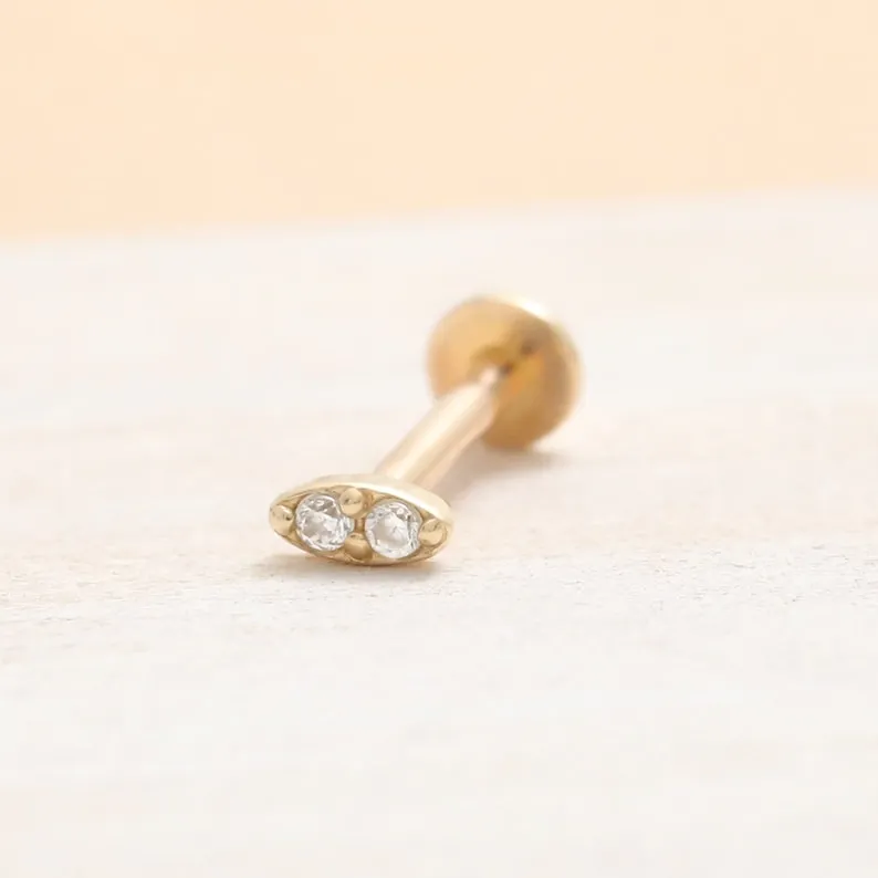 14K Real Gold 1.0mm CZ, Moissanite or Diamond Small Oval Helix Cartilage Tragus Inner Conch Internally Threaded Flat Back Earrin