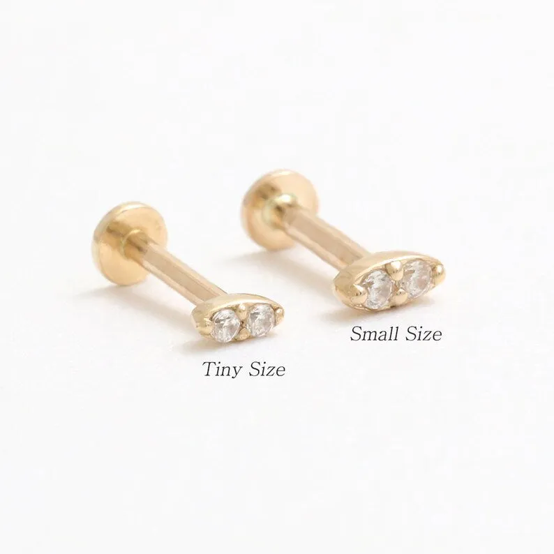 14K Real Gold 1.0mm CZ, Moissanite or Diamond Small Oval Helix Cartilage Tragus Inner Conch Internally Threaded Flat Back Earrin