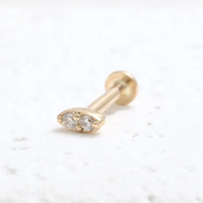 14K Real Gold 1.2mm CZ, Moissanite or Diamond Small Oval Helix Cartilage Tragus Inner Conch Internally Threaded Flat Back Earrin