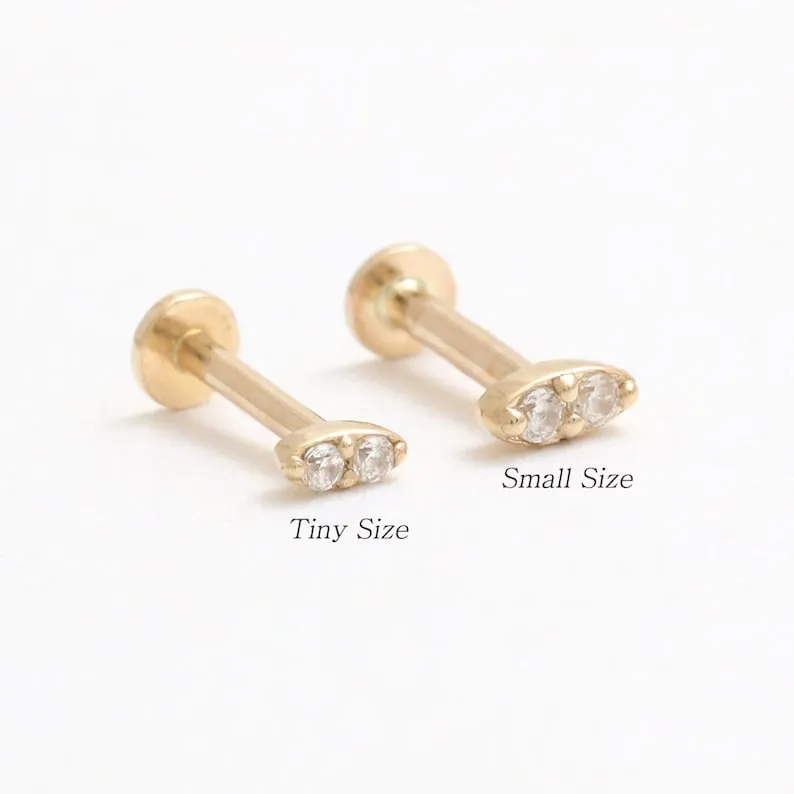 14K Real Gold 1.2mm CZ, Moissanite or Diamond Small Oval Helix Cartilage Tragus Inner Conch Internally Threaded Flat Back Earrin