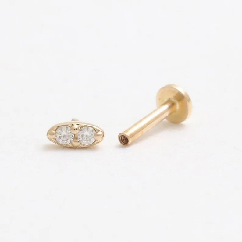 14K Real Gold 1.2mm CZ, Moissanite or Diamond Small Oval Helix Cartilage Tragus Inner Conch Internally Threaded Flat Back Earrin