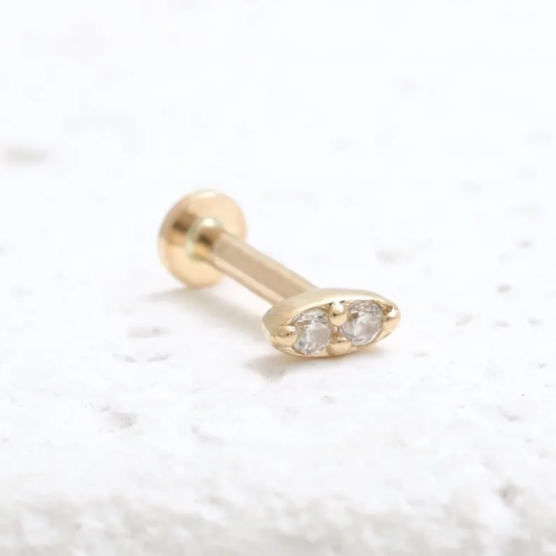 14K Real Gold 1.2mm CZ, Moissanite or Diamond Small Oval Helix Cartilage Tragus Inner Conch Internally Threaded Flat Back Earrin