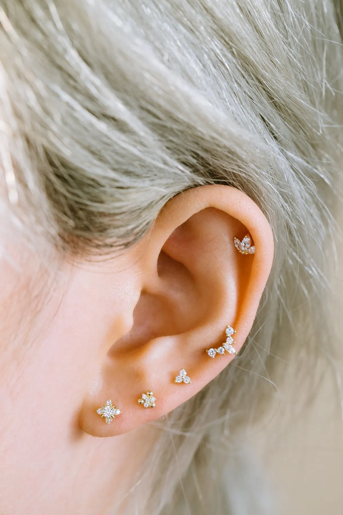 14K Real Gold 1.5mm CZ, Moissanite or Diamond Flower Helix Cartilage Tragus Conch Internally Threaded Flat Back Earring Labret