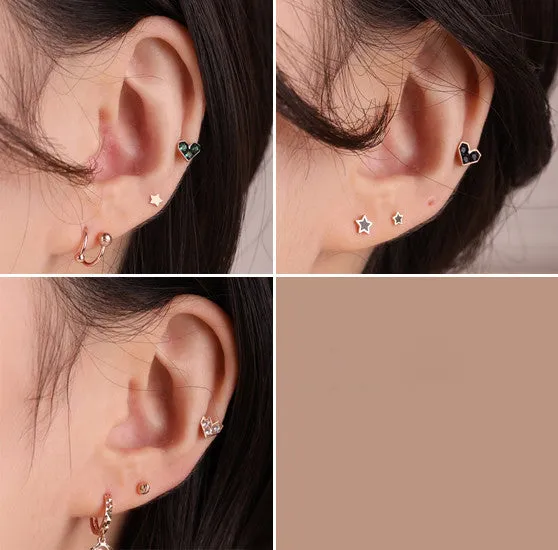 14K Solid Gold Pixel Heart  Forward Helix Cartilage Tragus Inner Conch Internally Threaded Earring Flat Back Labret