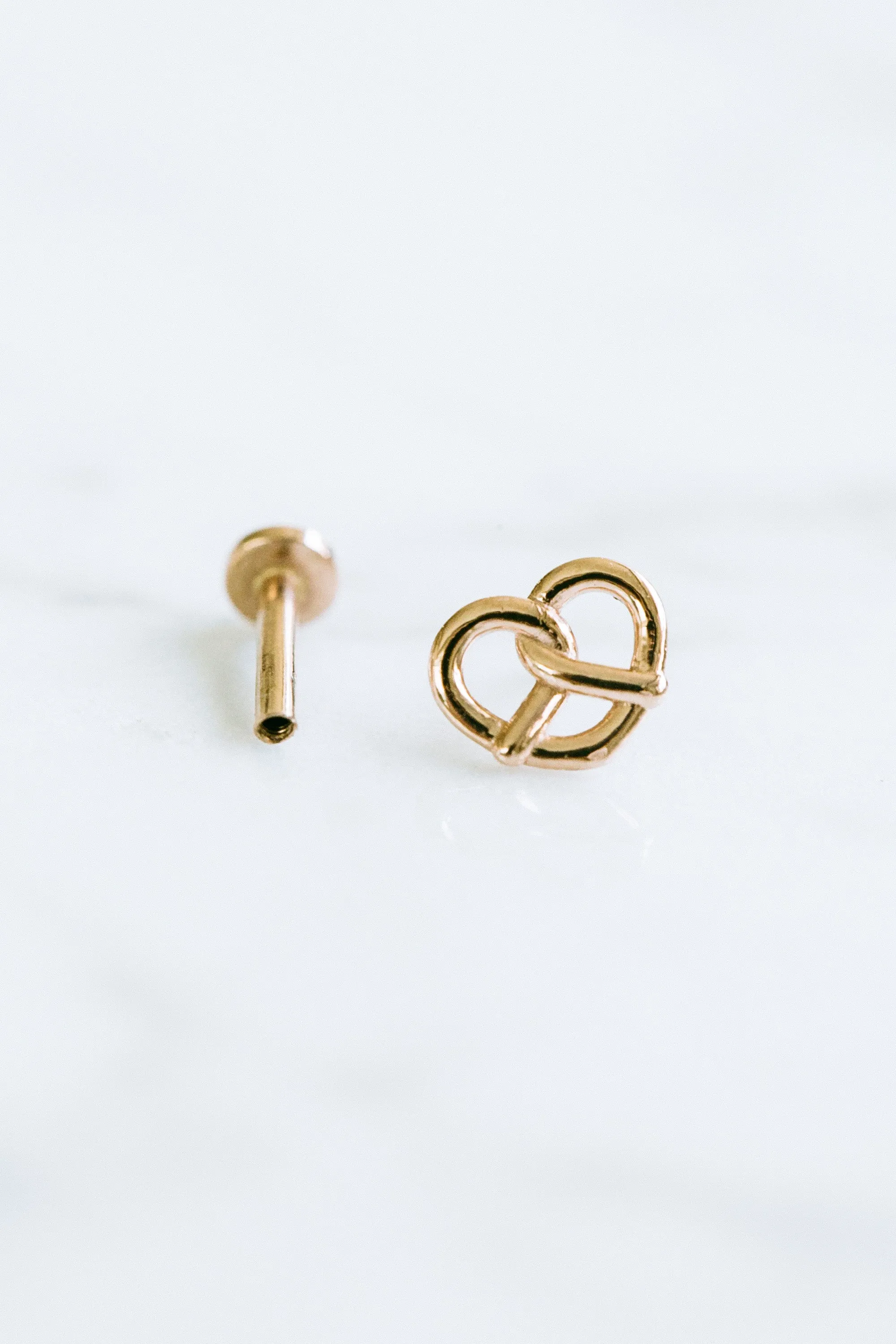 14K Solid Gold Pretzel Heart Cartilage Helix Tragus Conch Internally Threaded Flat Back Earring Labret