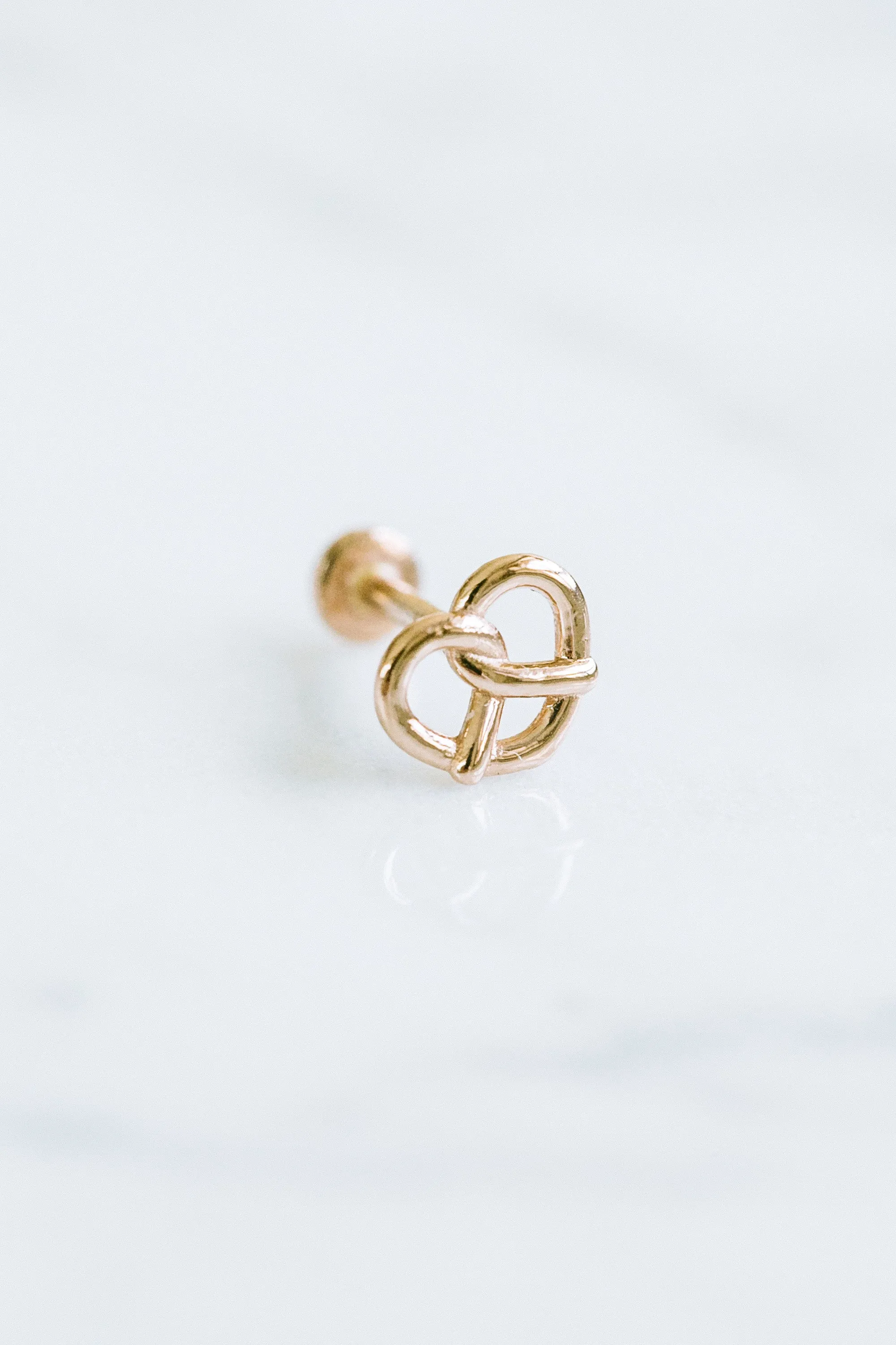 14K Solid Gold Pretzel Heart Cartilage Helix Tragus Conch Internally Threaded Flat Back Earring Labret