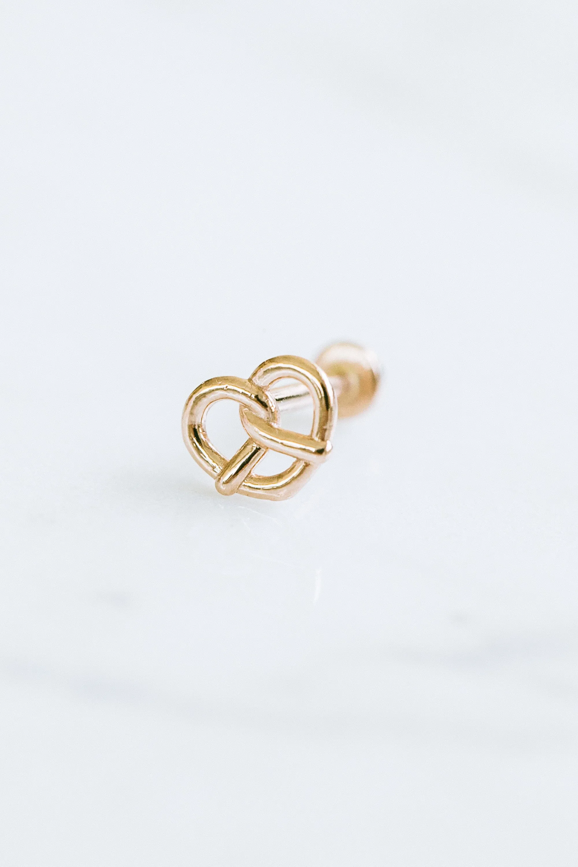 14K Solid Gold Pretzel Heart Cartilage Helix Tragus Conch Internally Threaded Flat Back Earring Labret