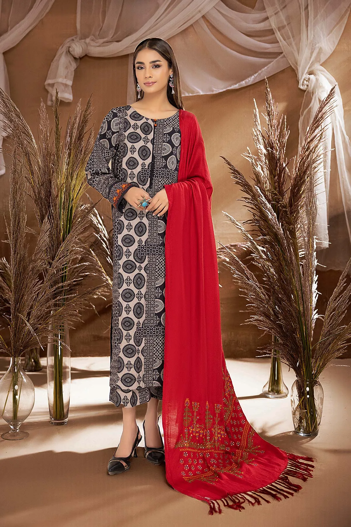 3-Pc Digital Printed Viscose Long Shirt With Pashmina Shawl and Straight Trouser CPM22-121