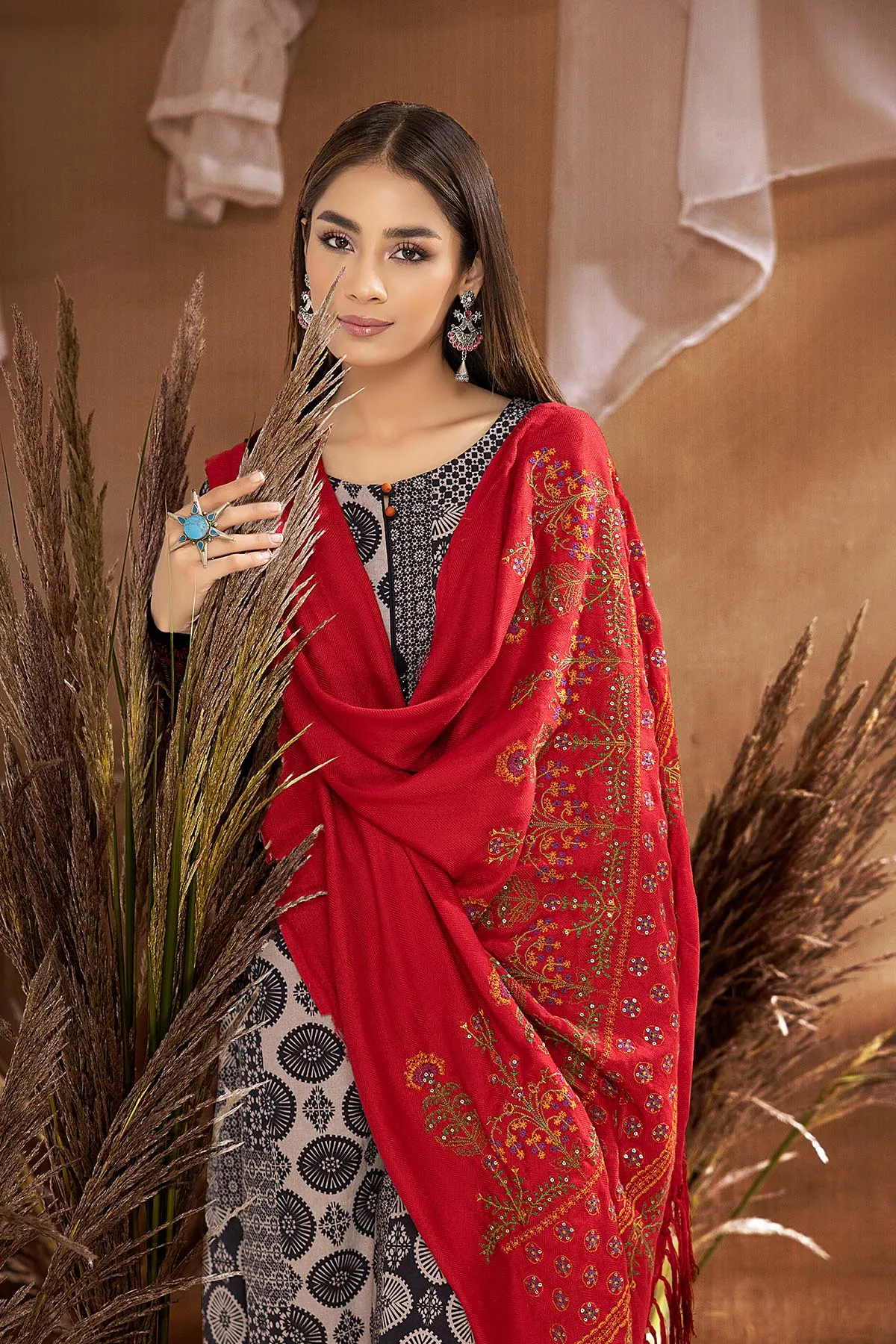 3-Pc Digital Printed Viscose Long Shirt With Pashmina Shawl and Straight Trouser CPM22-121