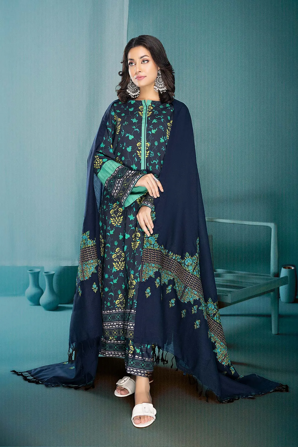 3-Pc Digital Printed Viscose Long Shirt With Pashmina Shawl and Straight Trouser CPM22-123-S