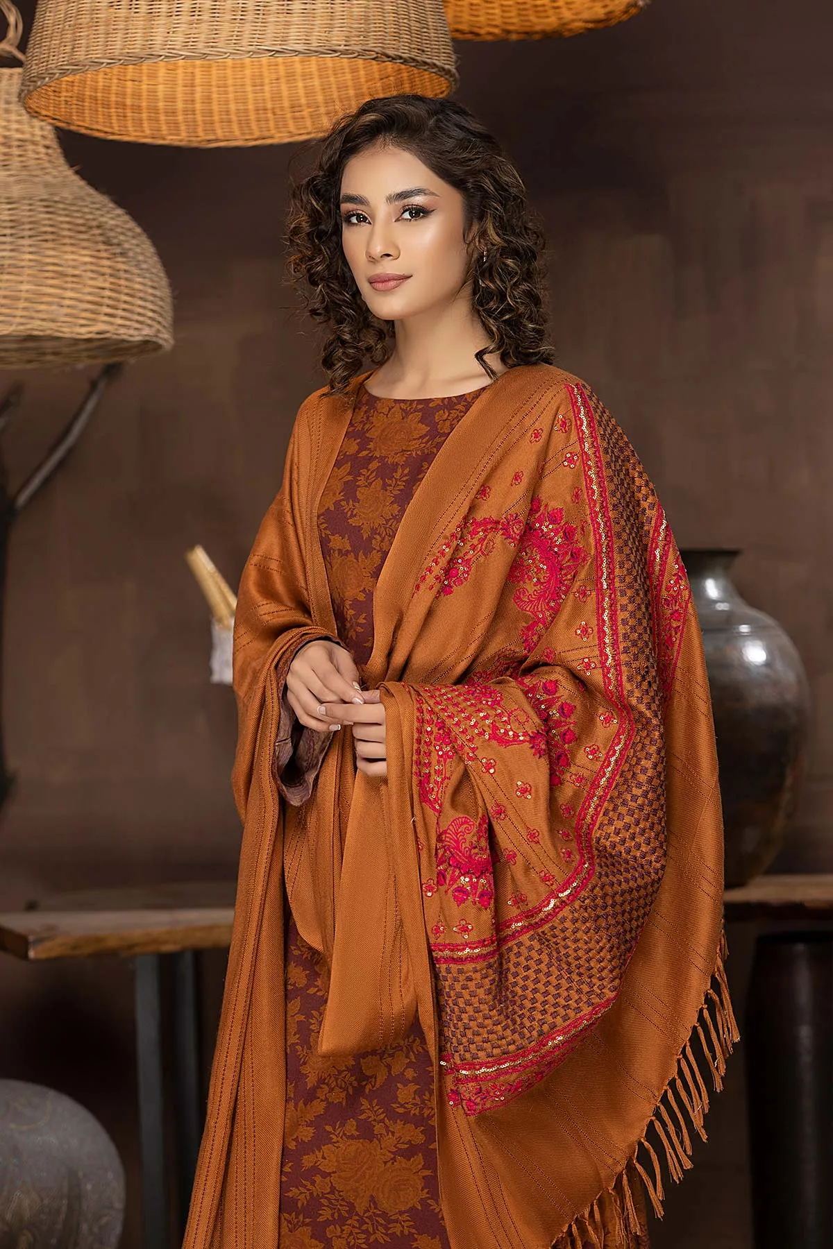 3-Pc Digital Printed Viscose Long Shirt With Viscose Qlot Trouser and Pashmina Shawl CPM22-129