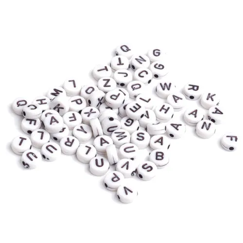 Acrylic Beads, Flat, Round, Alphabet, Letter, Opaque, White, Black, Mixed, A-Z, 6mm