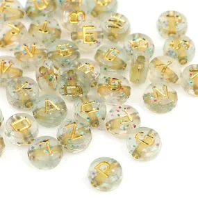 Acrylic Beads, Flat, Round, Alphabet, Letter, Transparent, Gold, With Glitter, Mixed, A-Z, 7mm