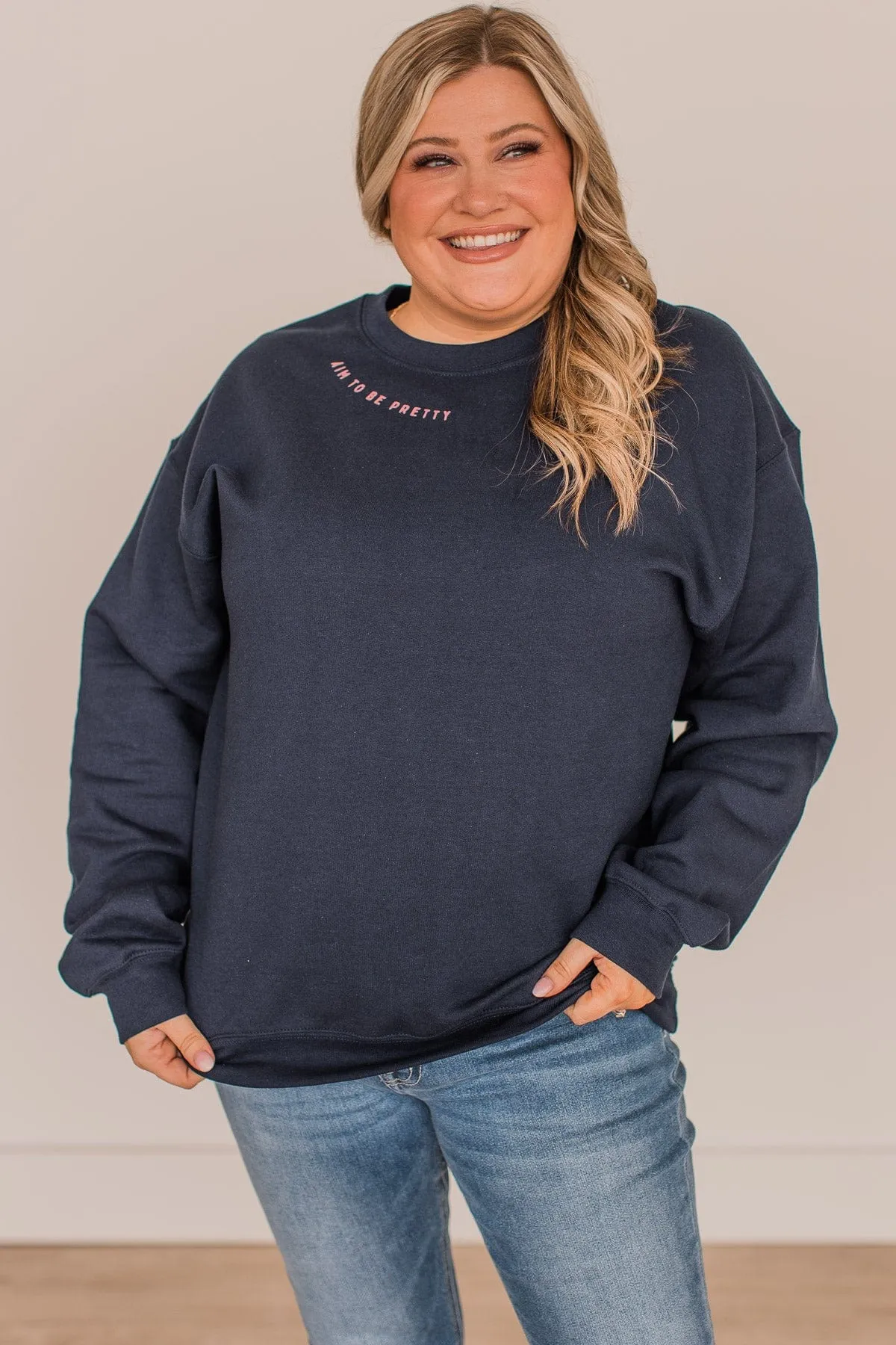 Aim To Be Pretty Crew Neck Pullover- Navy