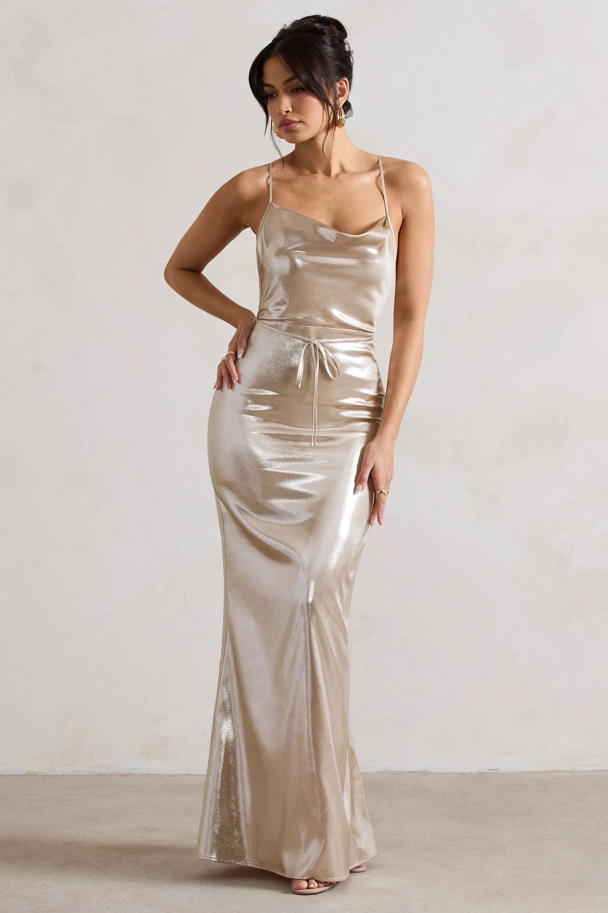 All In Time | Champagne Metallic Cowl-Neck Maxi Dress With Cross Back Detail