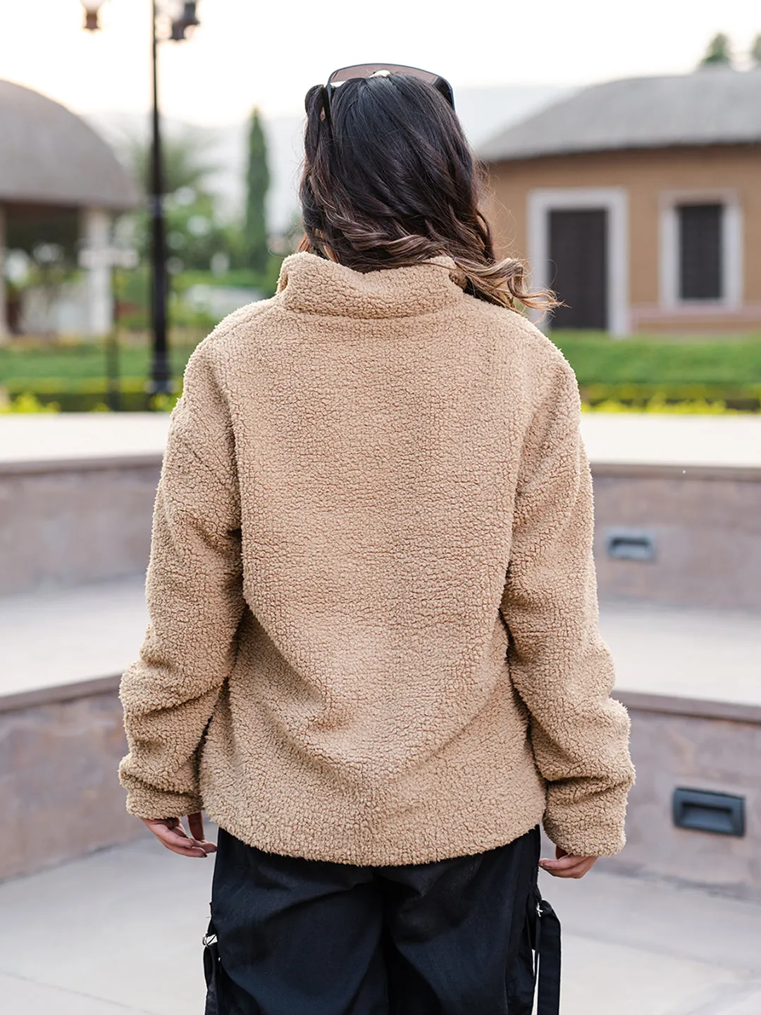 Beige M Fleece Sherpa Sweatshirt For Women