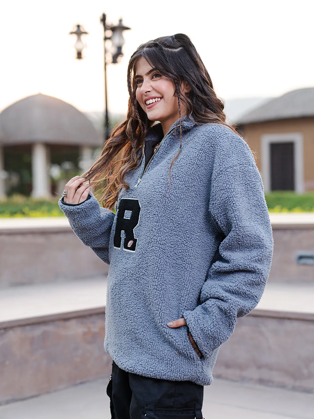 Blue Grey R Fleece Sherpa Sweatshirt For Women