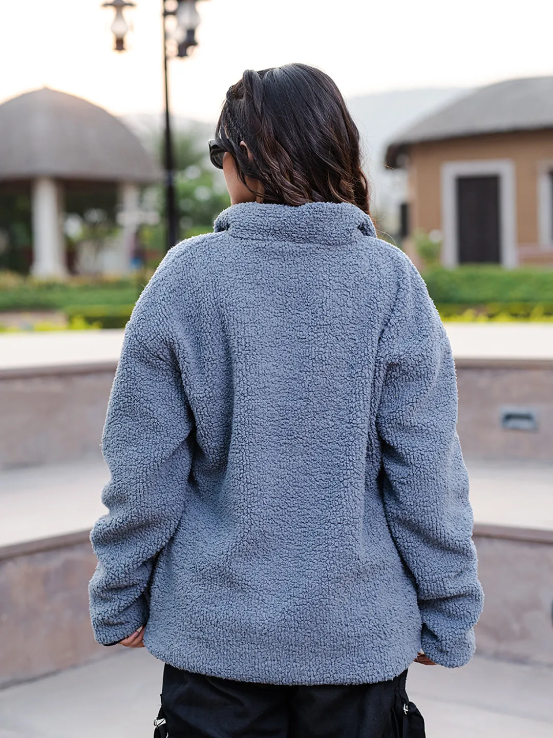 Blue Grey R Fleece Sherpa Sweatshirt For Women