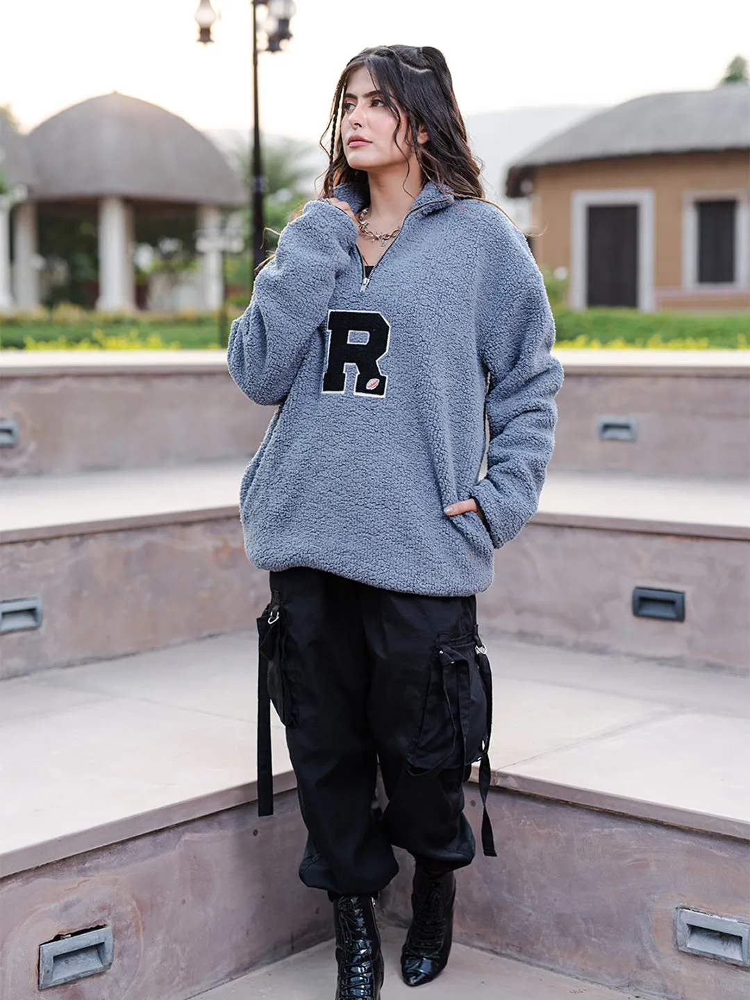 Blue Grey R Fleece Sherpa Sweatshirt For Women