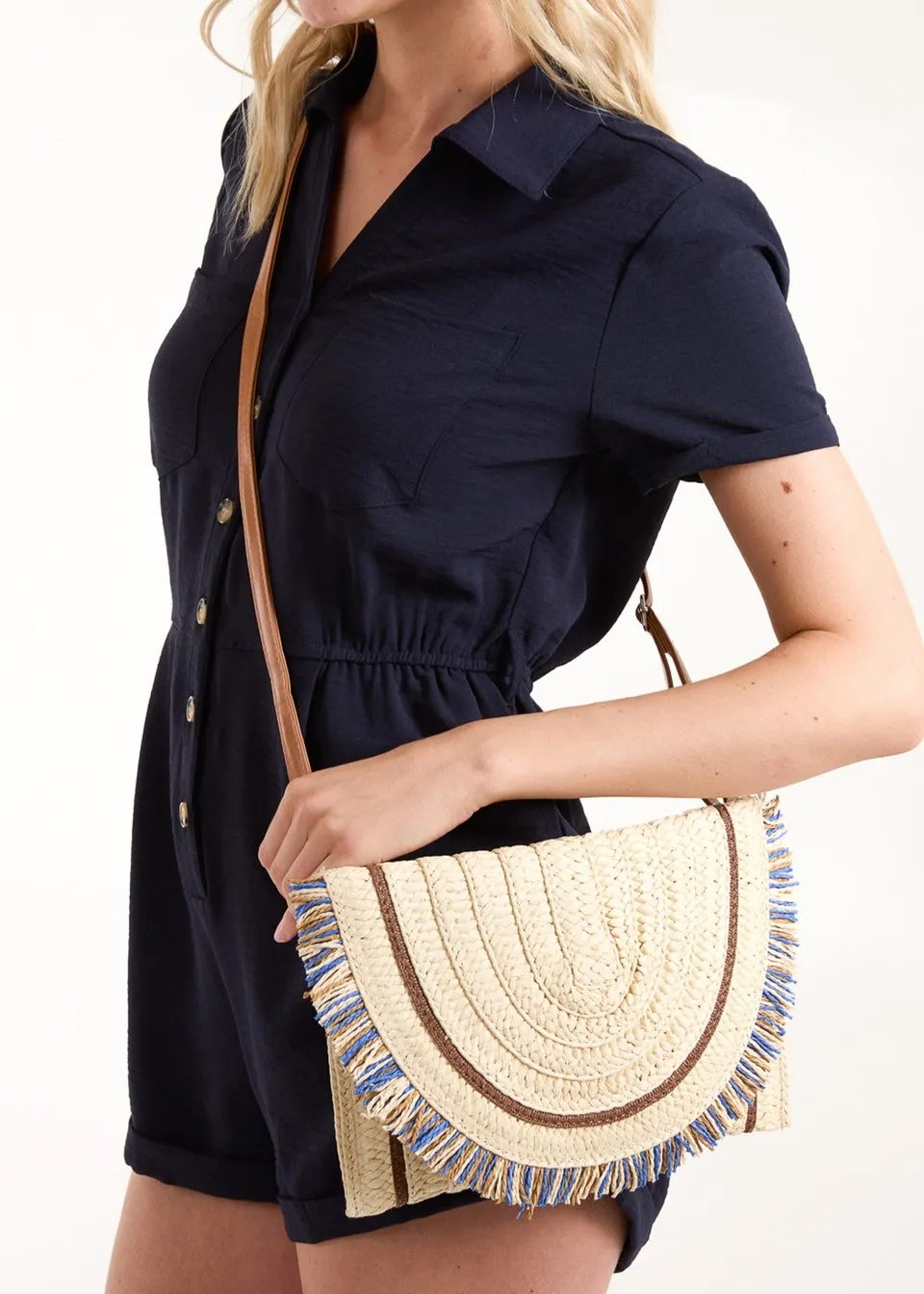 Blue Vanilla Stone Woven Fringe Detail Clutch Bag With Attachable Strap