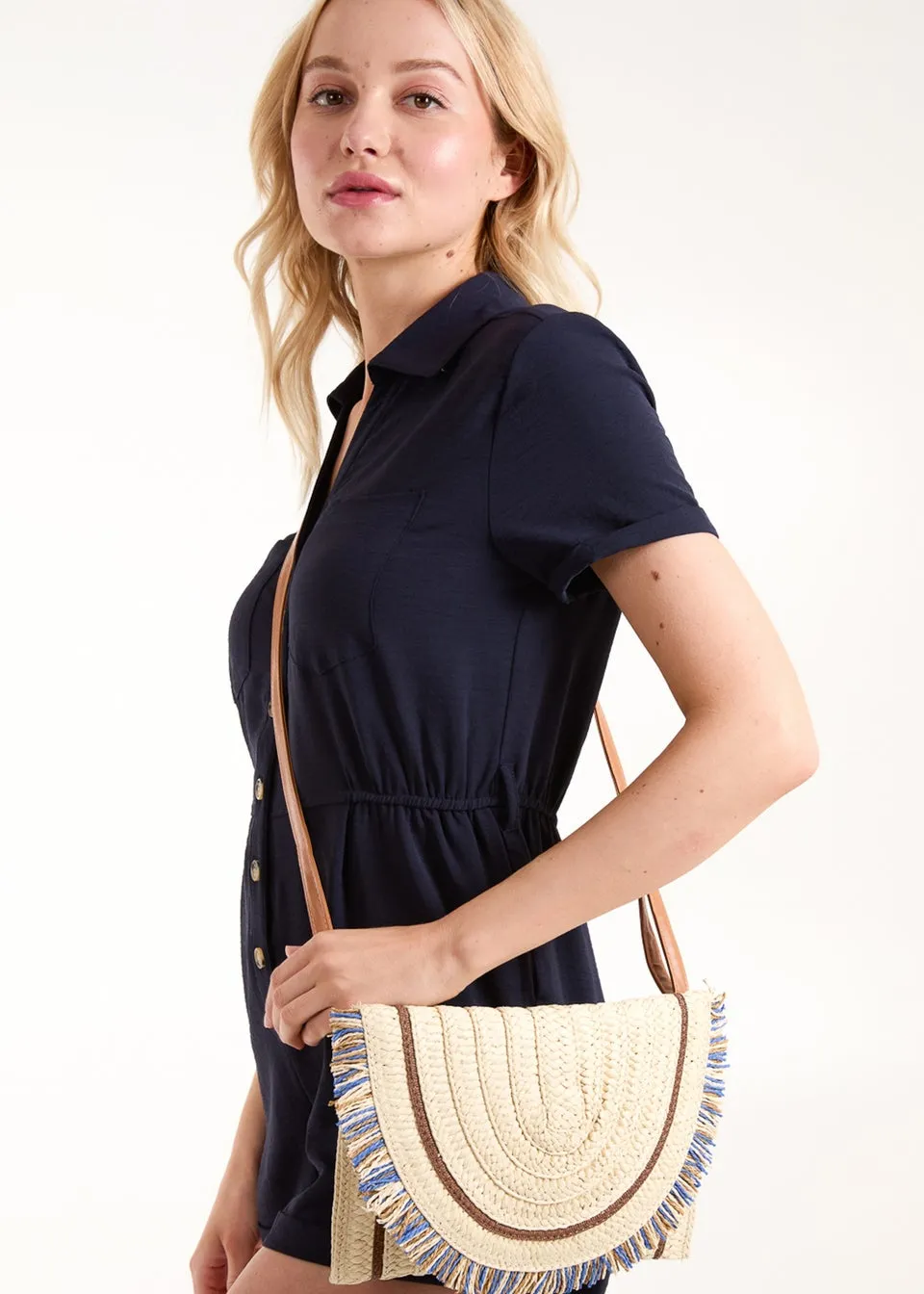 Blue Vanilla Stone Woven Fringe Detail Clutch Bag With Attachable Strap