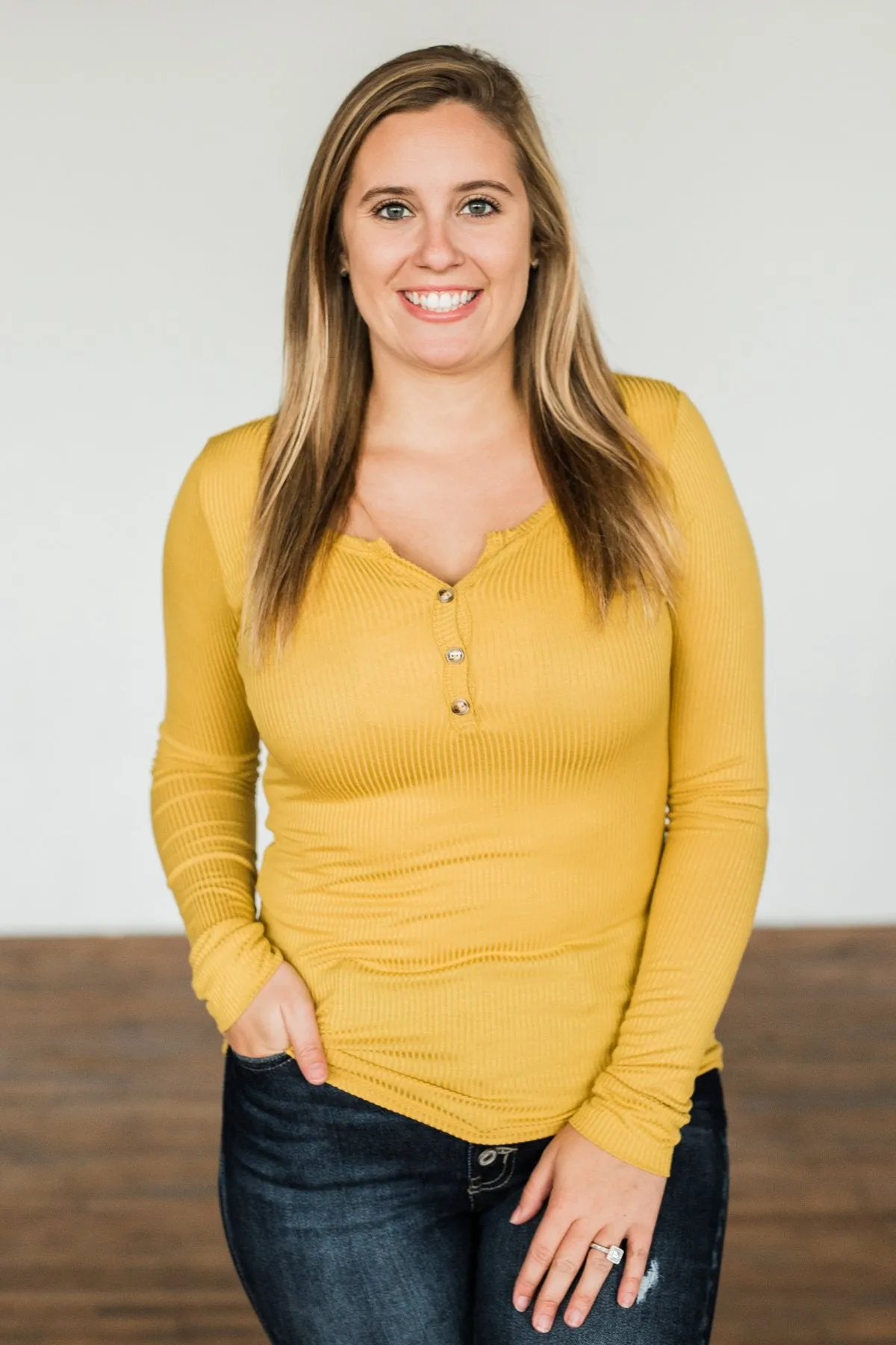 Break The Silence Button Henley Top- Mustard