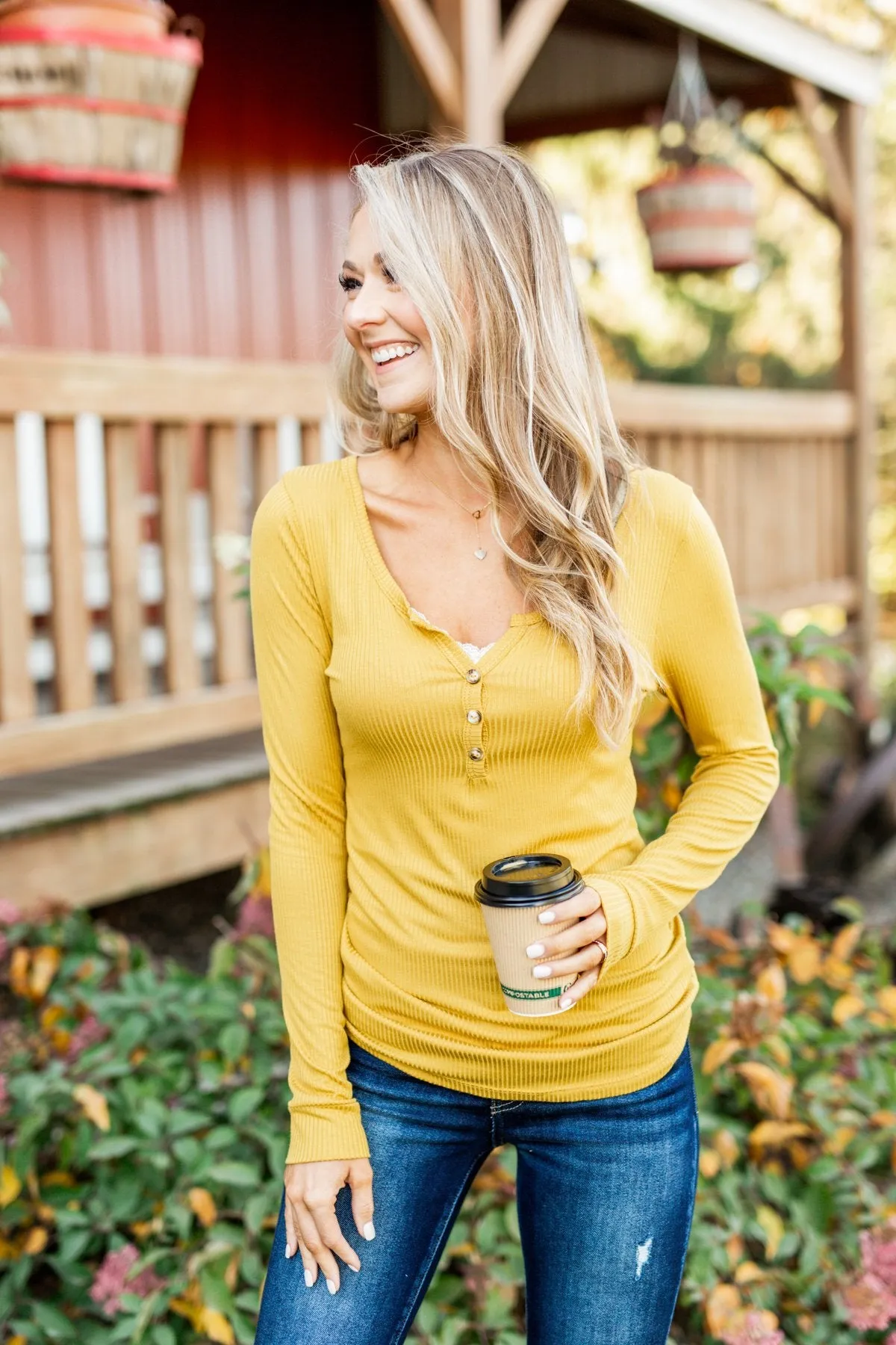 Break The Silence Button Henley Top- Mustard