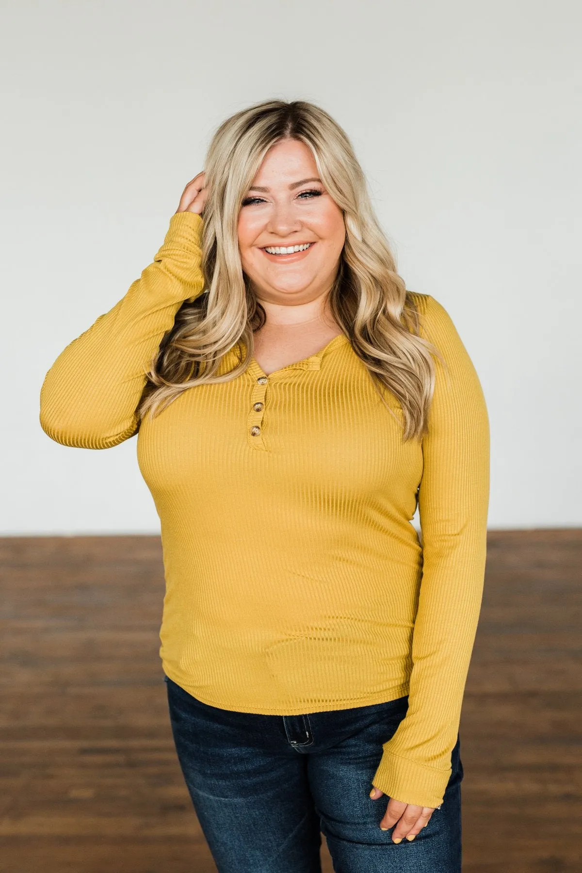 Break The Silence Button Henley Top- Mustard