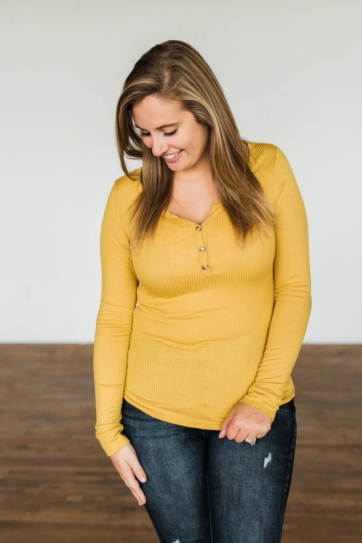 Break The Silence Button Henley Top- Mustard