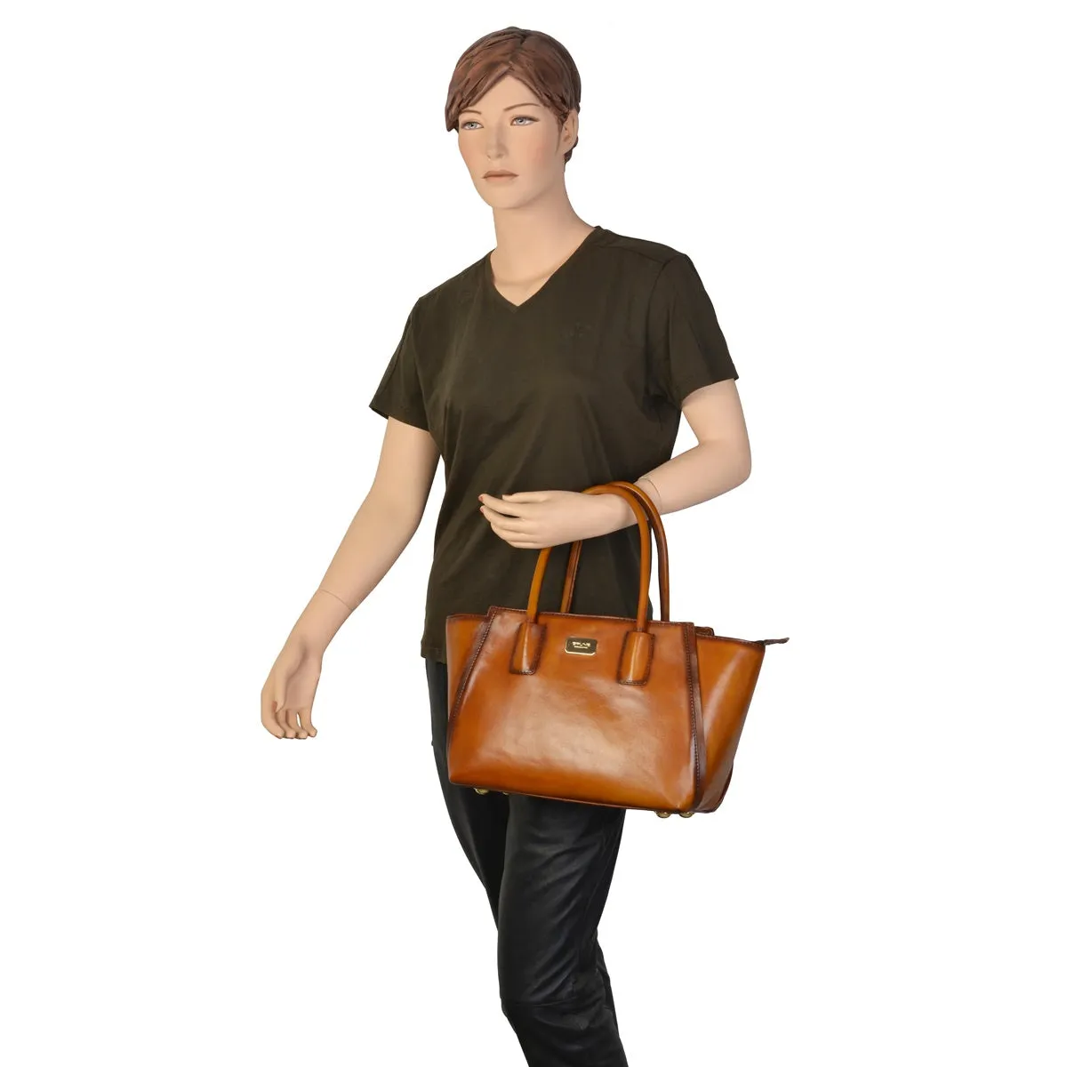 Brune & Bareskin Hand Painted Burnished Tan Leather Medium Hand Bag/Satchel For Women