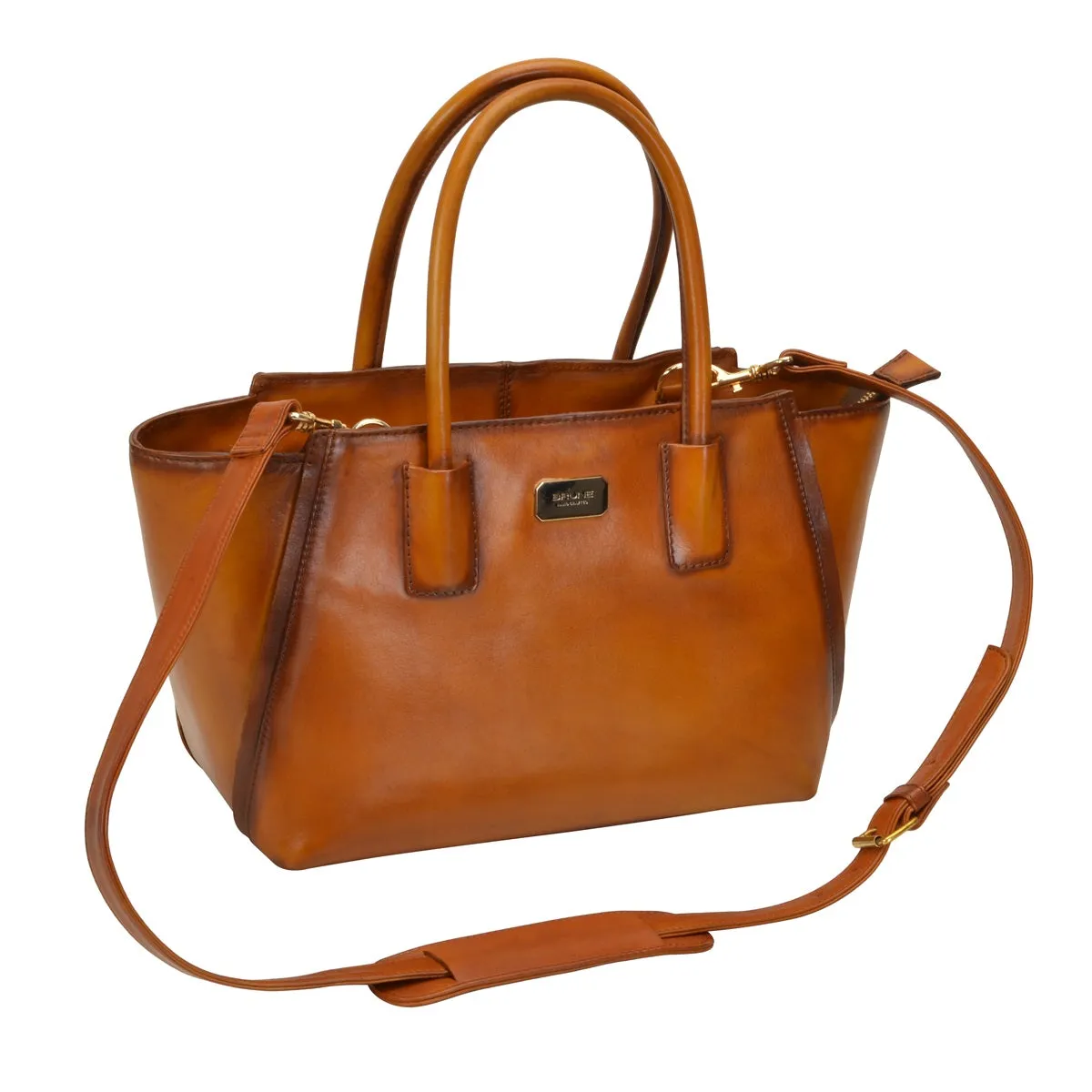 Brune & Bareskin Hand Painted Burnished Tan Leather Medium Hand Bag/Satchel For Women