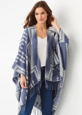 BRUSHED YARN PONCHO WRAP - BLUE