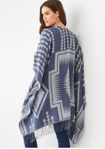 BRUSHED YARN PONCHO WRAP - BLUE