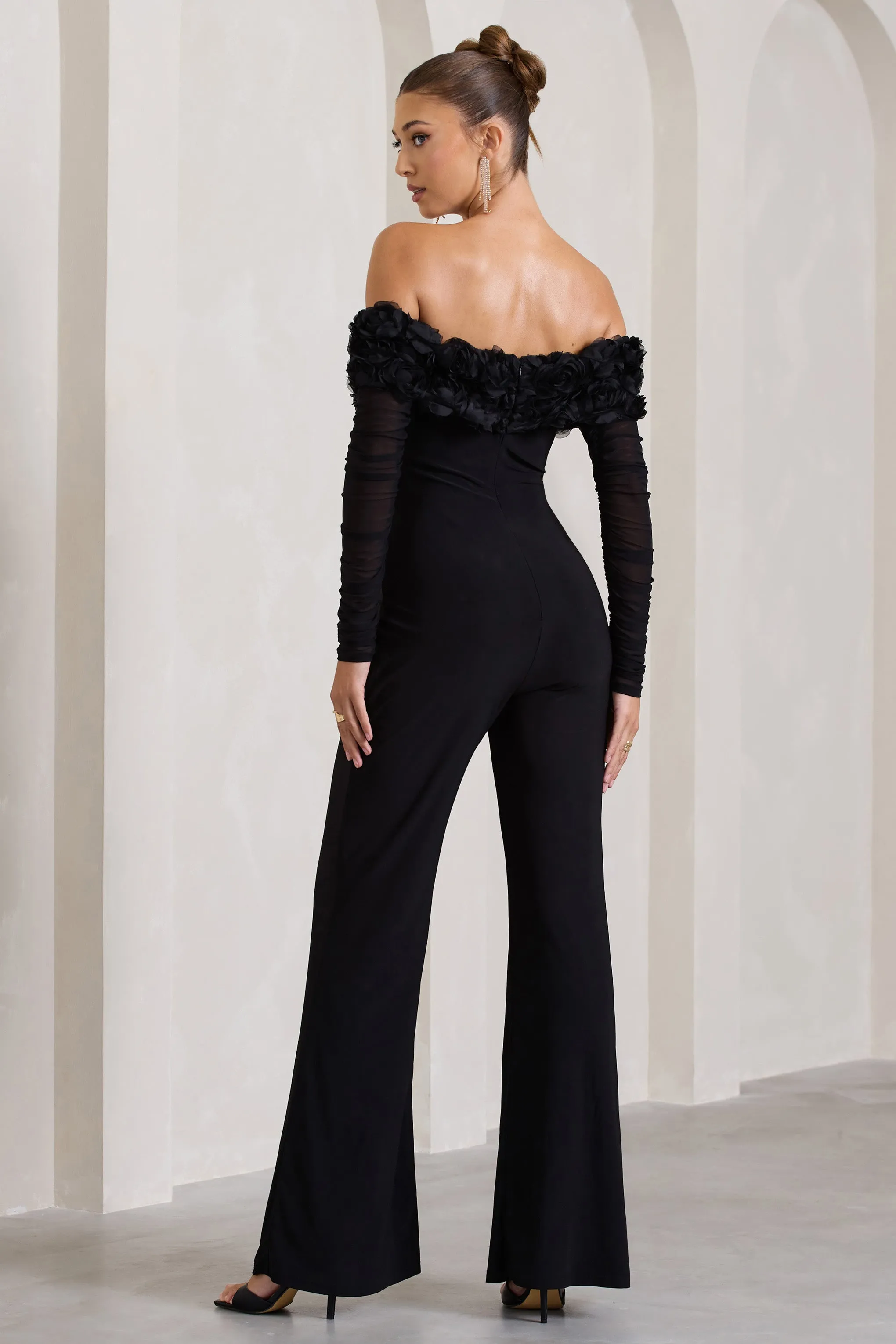 Celebrate | Black Bardot Long-Sleeved Flared-Leg Jumpsuit With Flowers