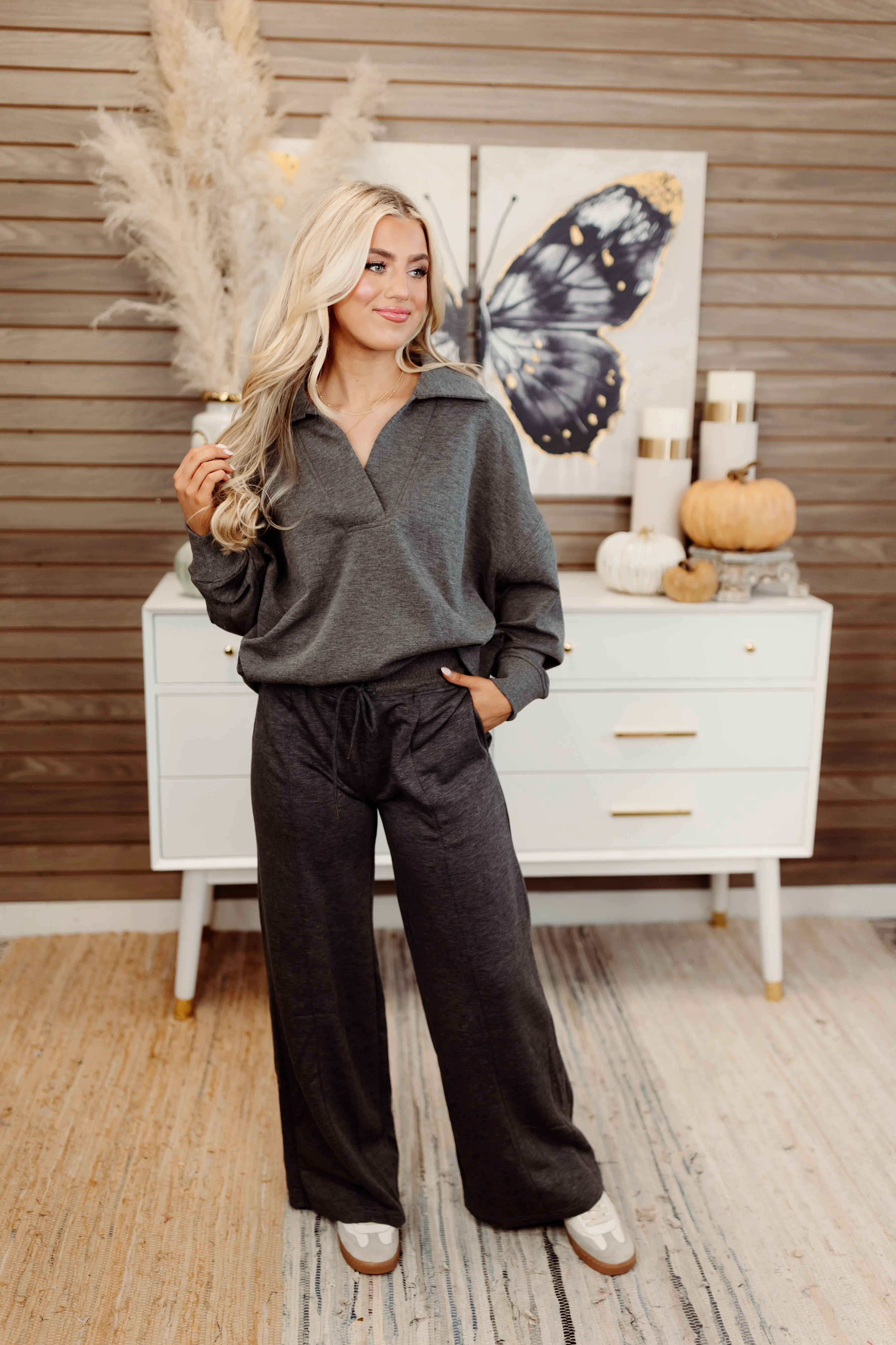 Charcoal Butter Soft Notch Neck Pullover and Pant Set