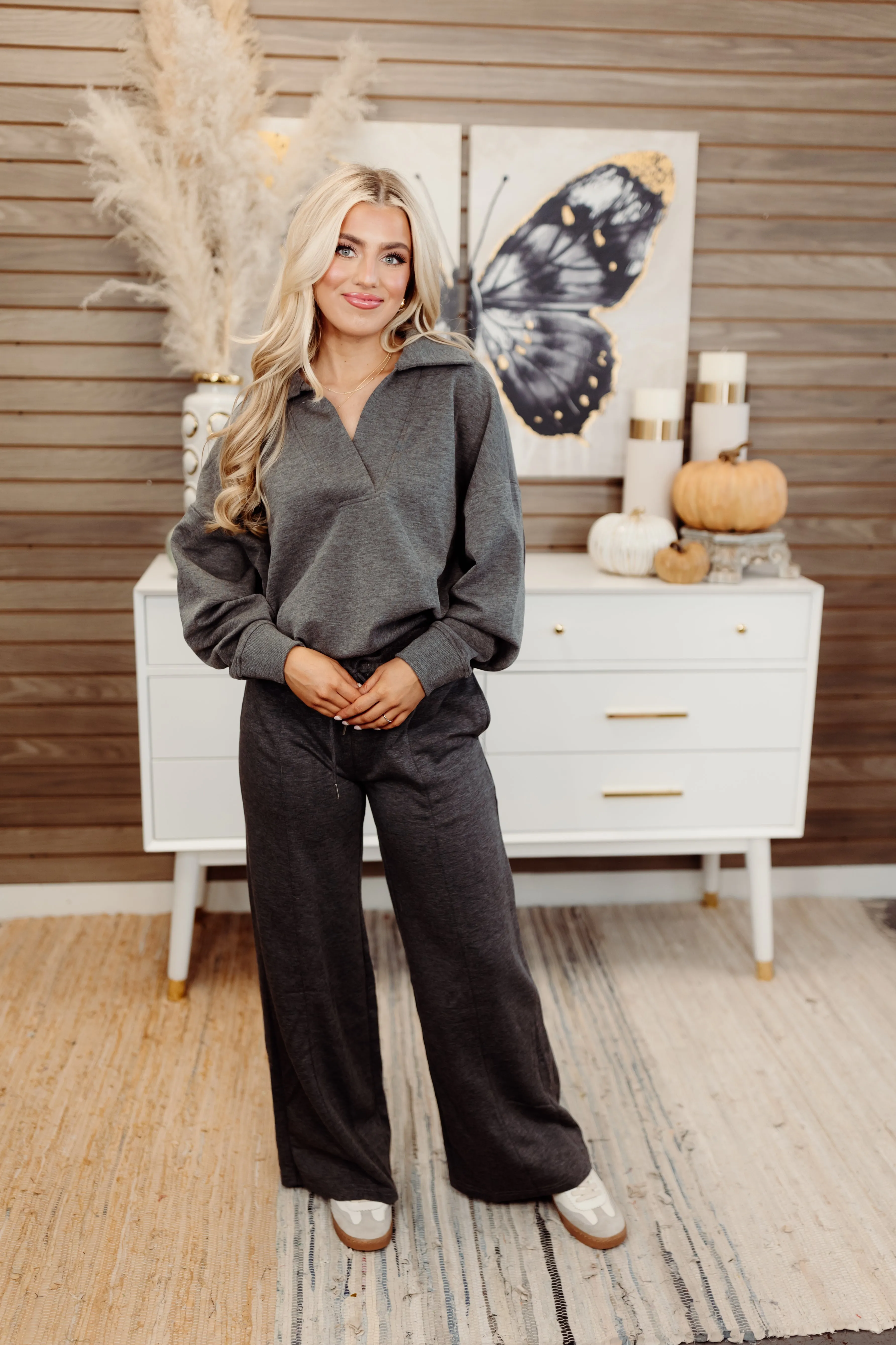 Charcoal Butter Soft Notch Neck Pullover and Pant Set