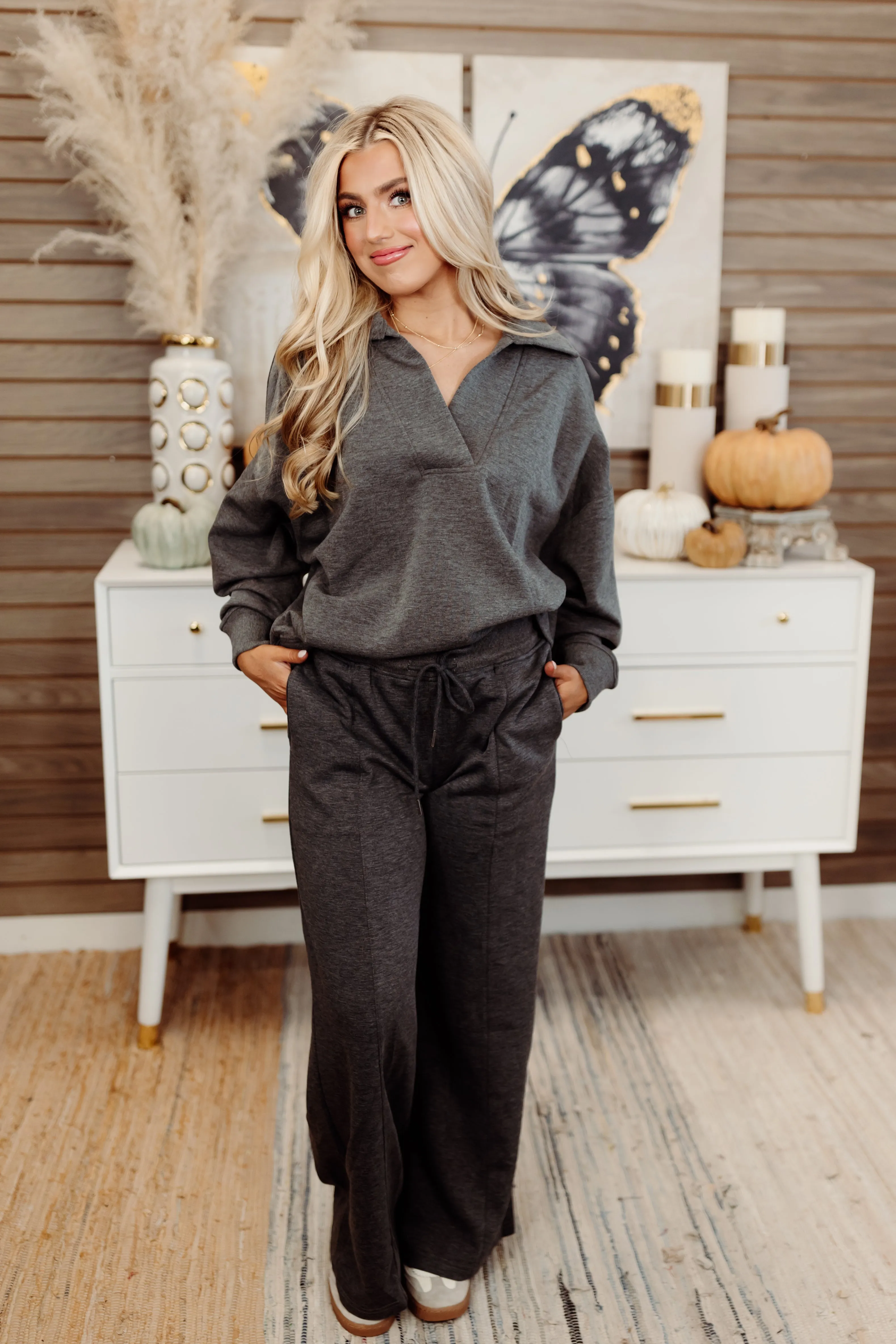 Charcoal Butter Soft Notch Neck Pullover and Pant Set