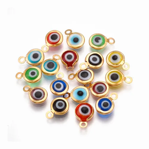 Charms, Evil Eye, 304 Stainless Steel, Handmade Lampwork, Flat, Round, Assorted, Golden, 9.5mm