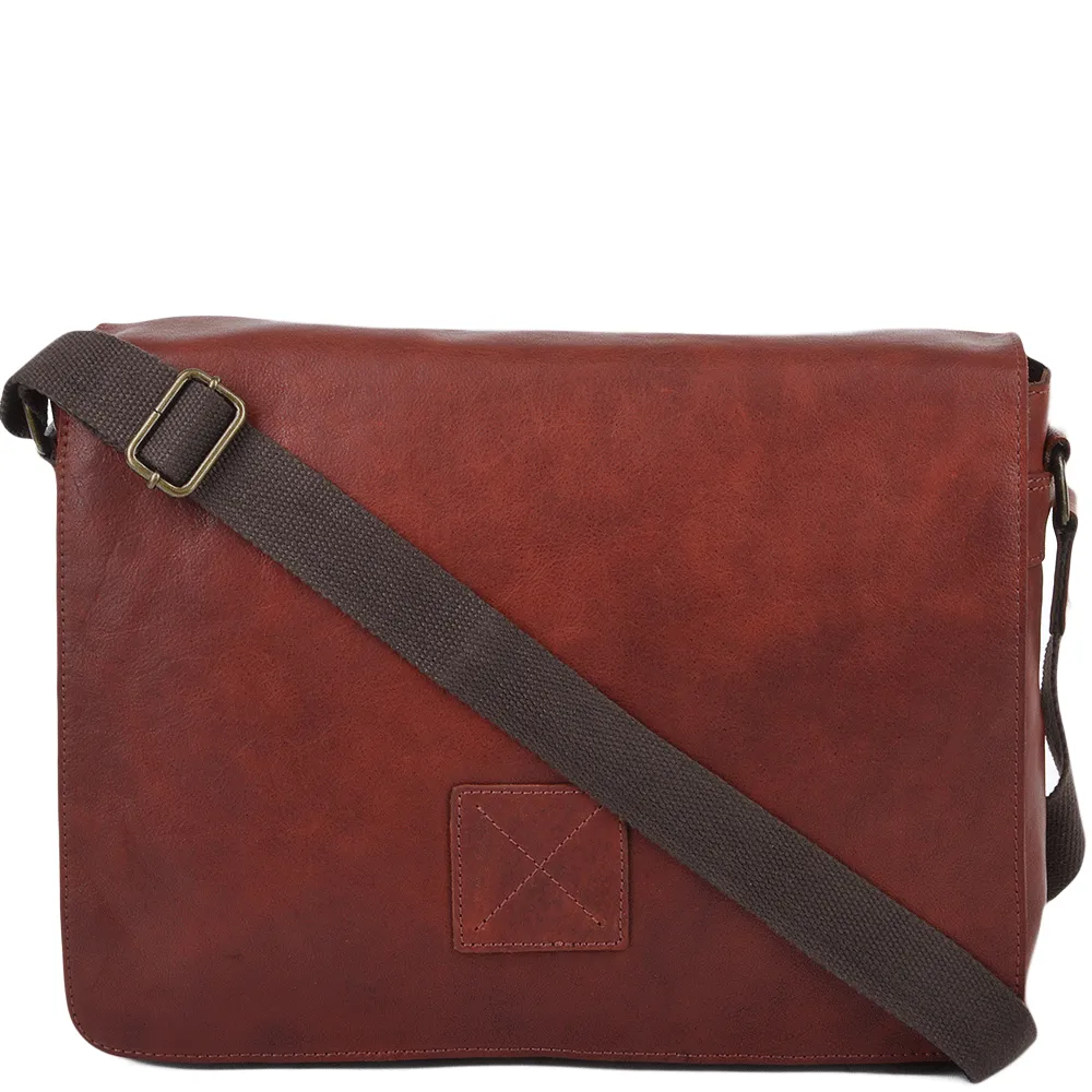 Cognac Leather Laptop Messenger Flap-Over Bag