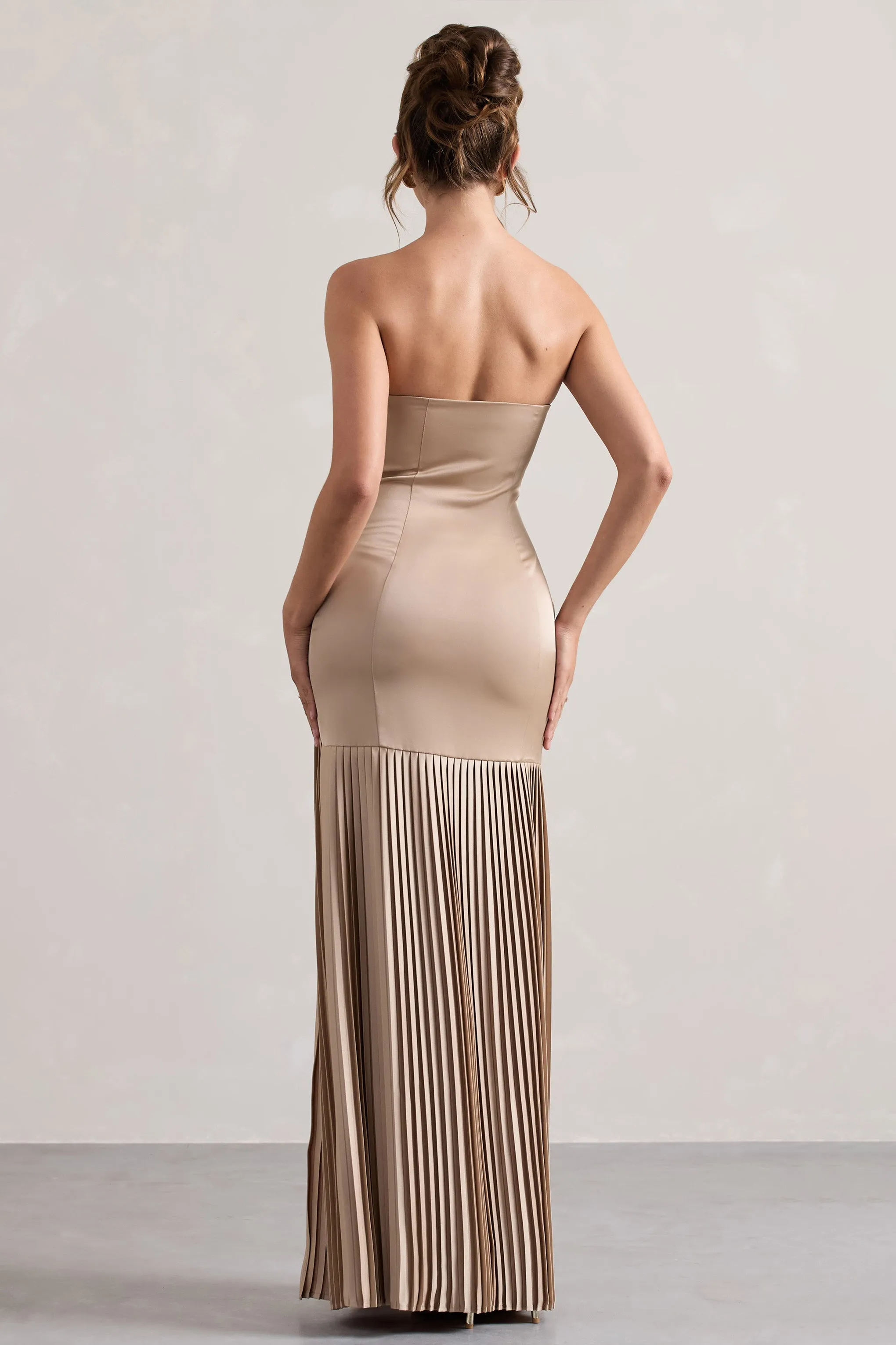 Confidence | Champagne Satin Bandeau Pleated Split Maxi Dress